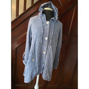 Sarid Olsen Hooded Blue Linen Blend Button-Up Jacket Medium W/ Side Pockets